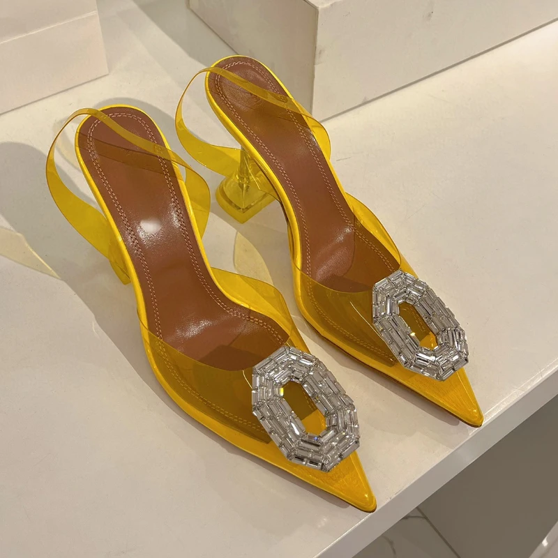 Women's pointed sandals 2023 spring and summer new style rhinestone square buckle high heels fashion banquet Baotou muller shoes