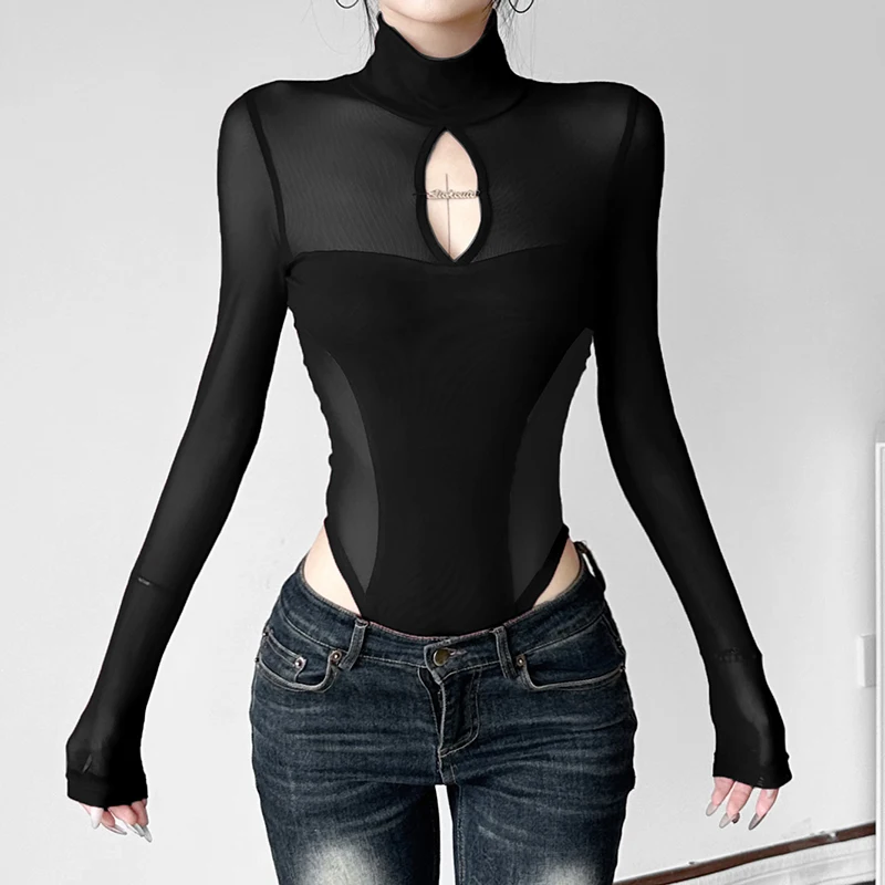 IAMHOTTY ажурное сетчатое лоскутное боди женский облегающий топ с высоким