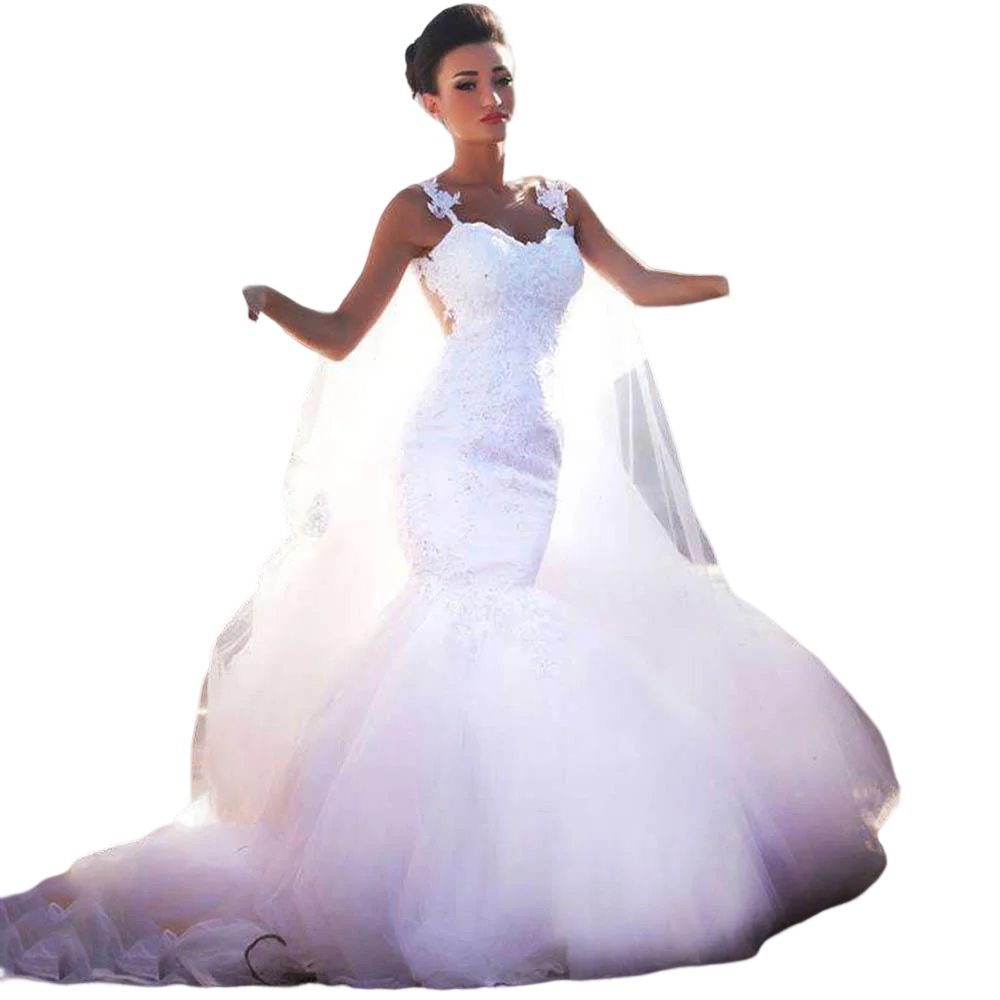 

Slim Spaghetti Straps Lace Appliques Wedding Dresses Robes de Mariage Sweep Train Illsion Back Bridal Gowns