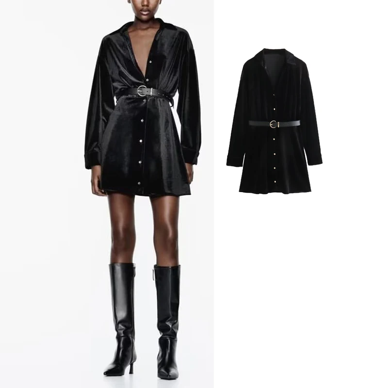 

TRAF 2023 Velvet Short Dresses for Women Pleated Mini Dress Woman With Belt Winter Female Dress Long Sleeve Female Party Dresses