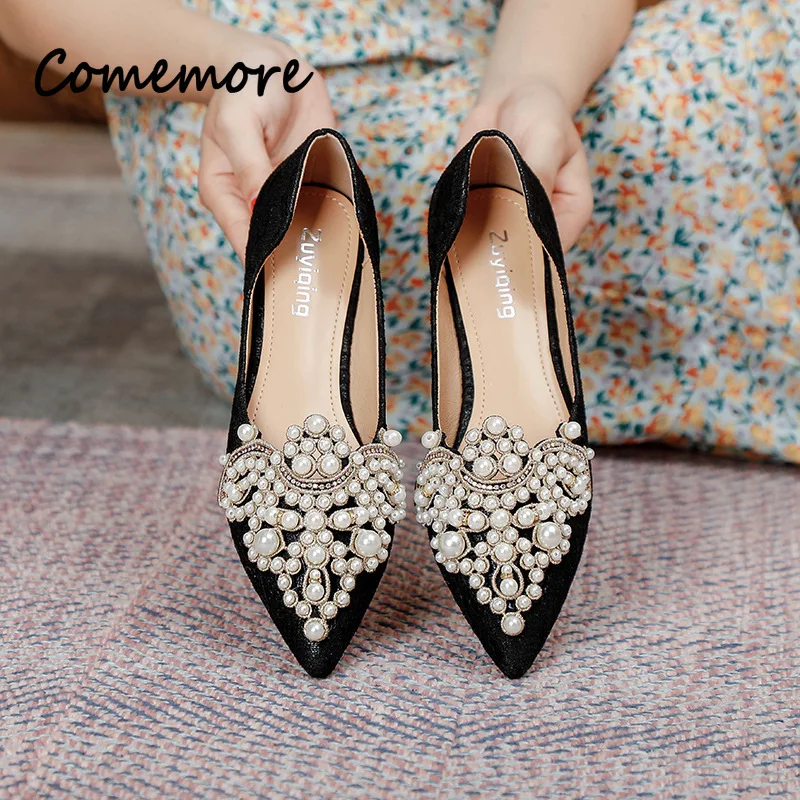 

Comemore 2023 Designer Wedding Lace Shallow Mouth Flats Woman Ballerina Pointed Toe Pearl Loafers Pumps Shoes Women Plus Size 43