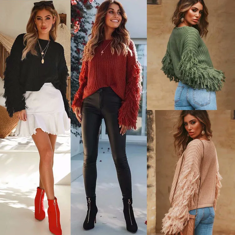 

Women's autumn and winter loose pullover sweater sexy tassel long sleeve knitting
