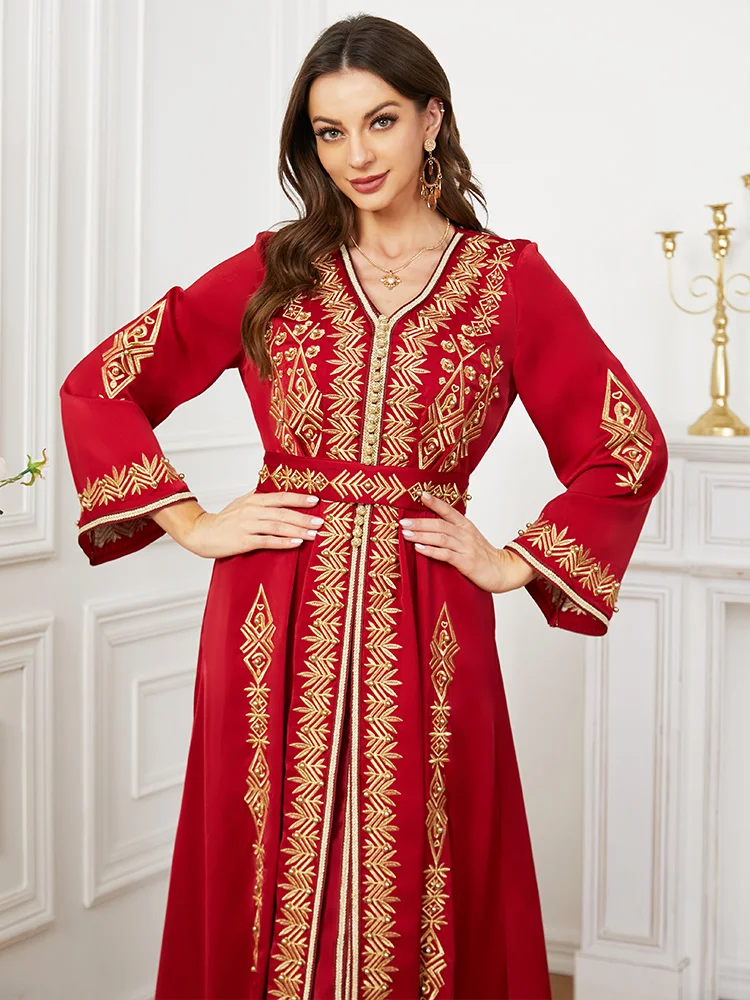 Red Kaftan Wedding Morocco Caftan Dubai Turkey Ramadan Women Long Dress Elegant Beads Dress with Belt Fashion Female Clothing