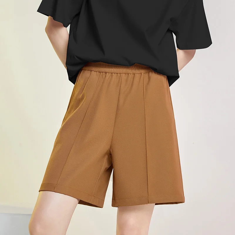 Women'S Summer New Thin High Waist Straight Tube Loose Casual Shorts Korean Fashion Elastic 5-Point Trousers