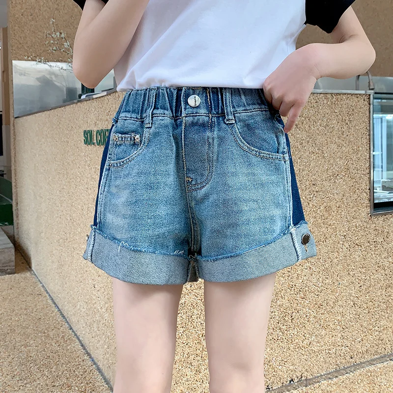 

Джинсовые шорты с высокой талией для девочек повседневные джинсовые шорты с широкими штанинами и карманами, одежда для подростков от 6 до 14 лет