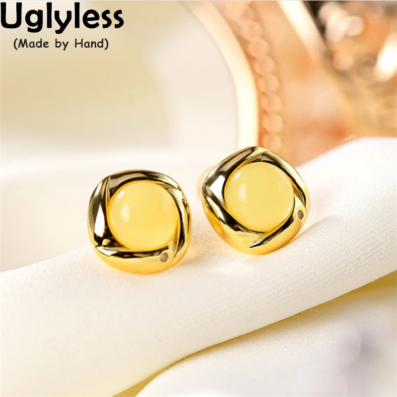 

Uglyless Twisted Square Brincos Women Amber Beeswax Studs Earrings Rings Gold Square MINI Earrings 925 Silver Vogue Jewelry Sets