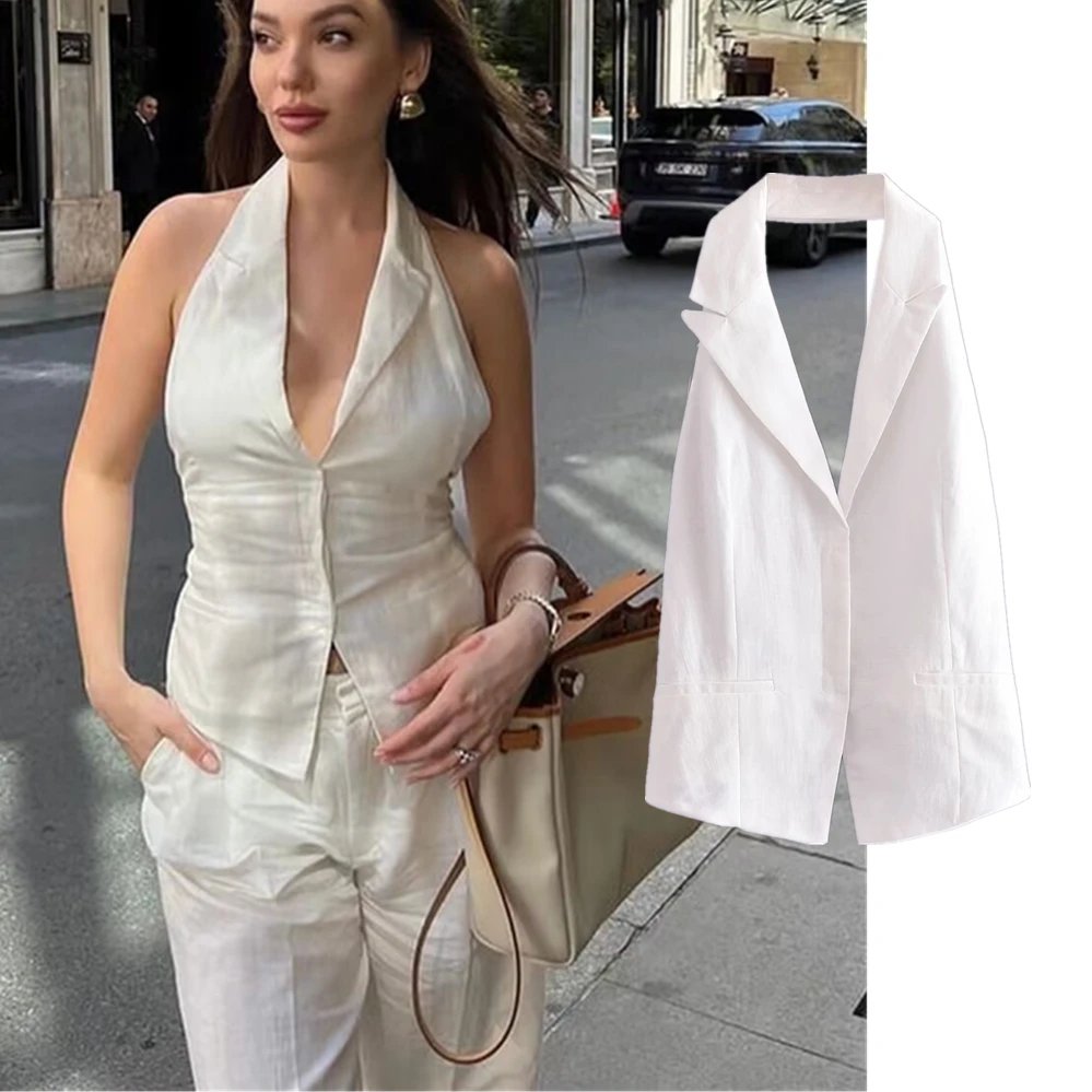 

Jenny&Dave Ins Blogger Texture White Sleeveless Shirt Women Fashion Linen Moroccan Retro Sexy Halter Tank Top Women