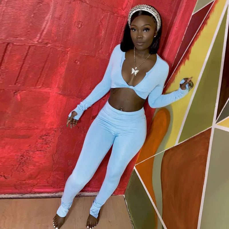 

Женский спортивный костюм с длинным рукавом, голубой укороченный топ и леггинсы, повседневный летний комплект из двух предметов для бега, ...