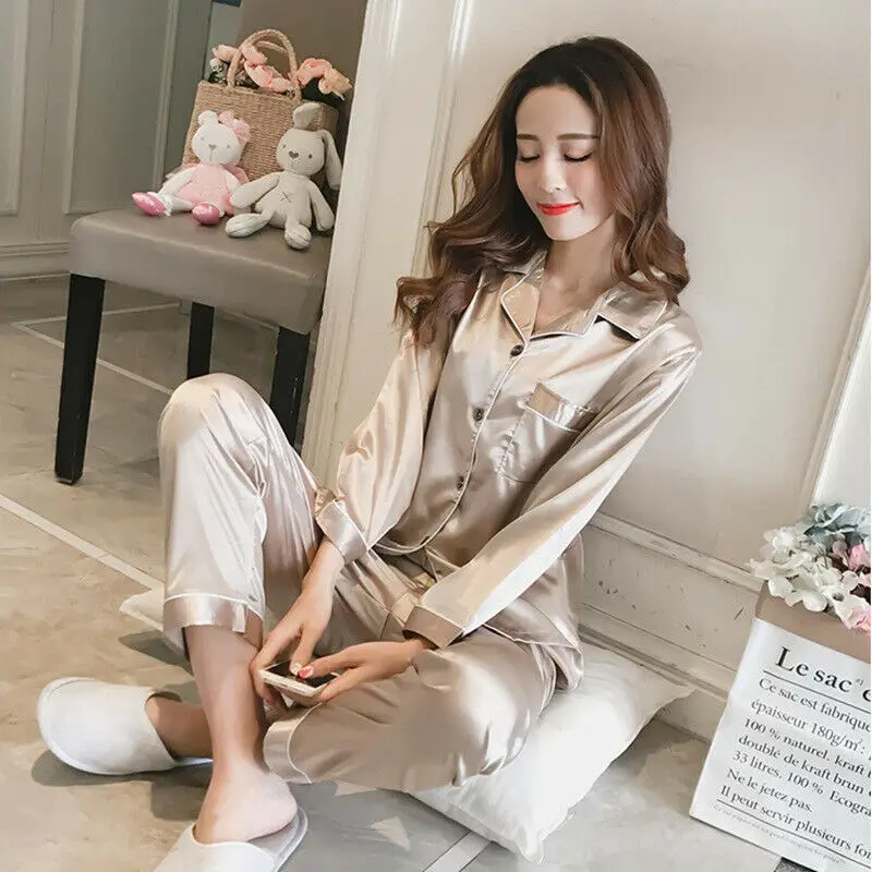 Women Ladies Silk Satin Pajamas PJS Pyjama Sleepwear Nightwear Long Sleeve Set  Plus Size Pajamas Sleepwear Women Set