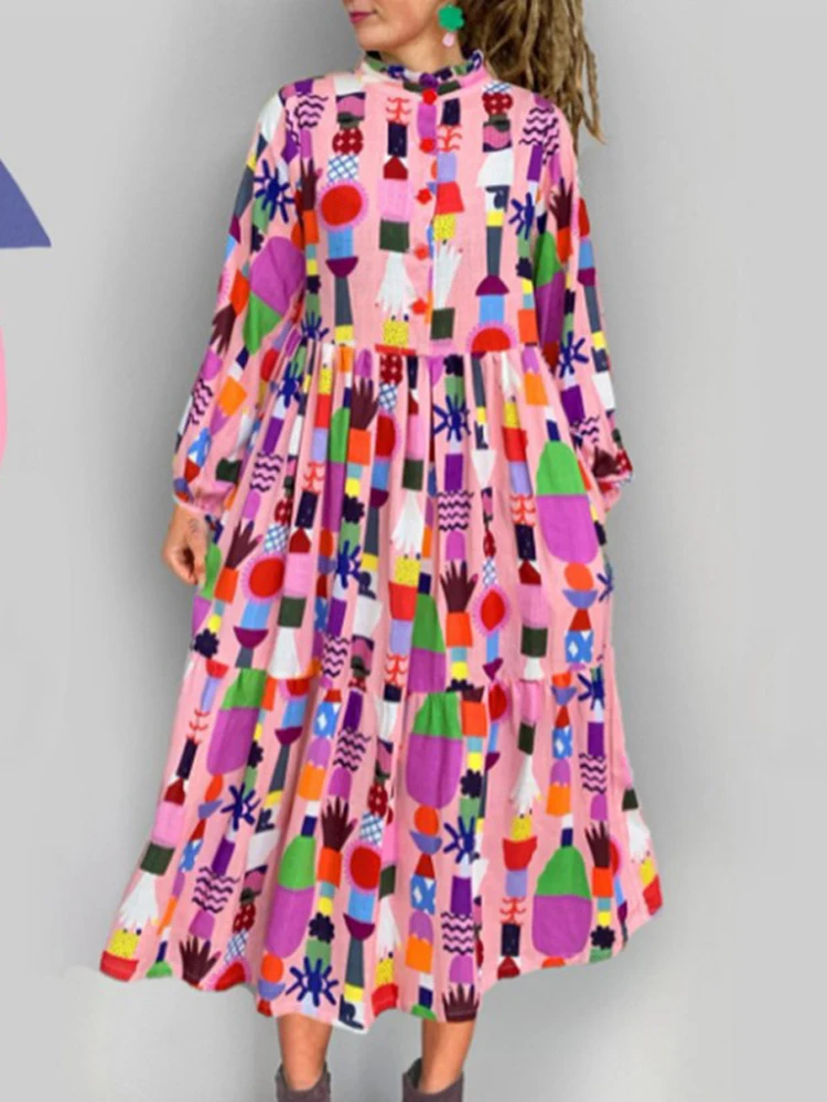 

Spring Womens Fashion Stand Collar Button Up Party Dresses Autumn Long Sleeve Hem Long Dress Retro Ethnic Print Long Shirt Dress