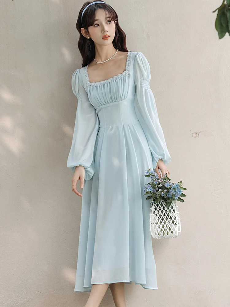 Новинка 2024 синее элегантное кружевное длинное платье с квадратным вырезом