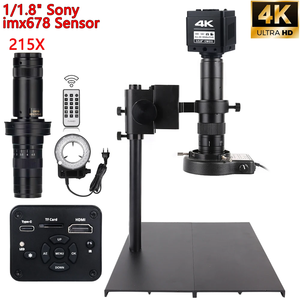 

Профессиональный промышленный микроскоп 4K UHD для пайки, HDMI USB цифровая камера для микроскопа 1/1,8 "HD imx678, датчик 215X объектив