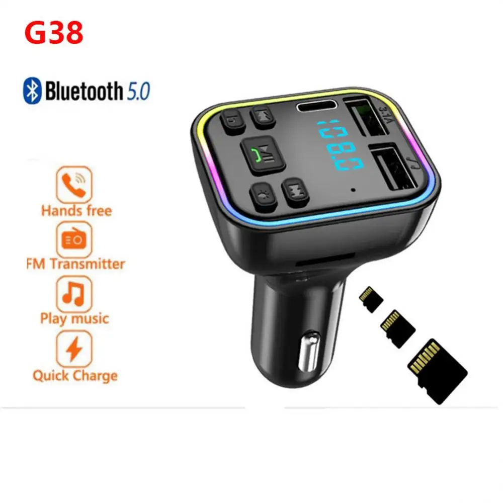 

Car Charger Fast Charger Multifunction Car 5.0 Fm Transmitter Pd Type-c Dual Usb 3.1a Car Kit Colorful Ambient Light