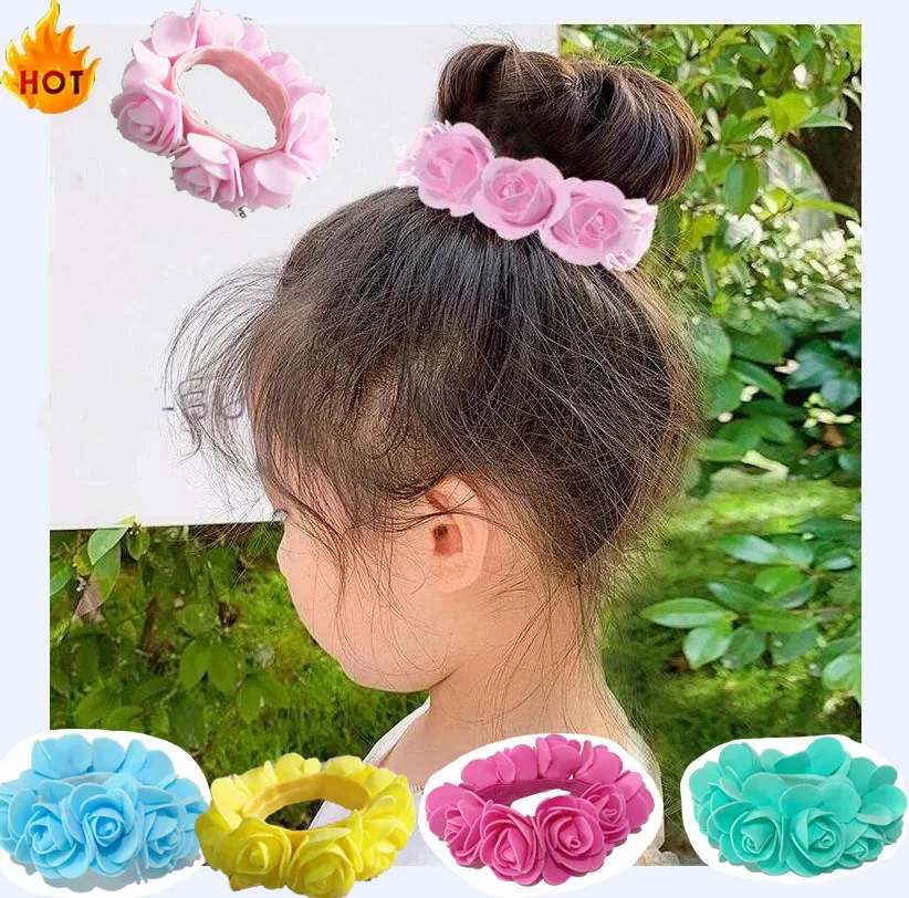 

1pcs/2pcs Rose Flower Elastics Hair Holders Tie Gum Fabric Wreaths Crowns Elastic Wreath Crown Wedding Garland Headband