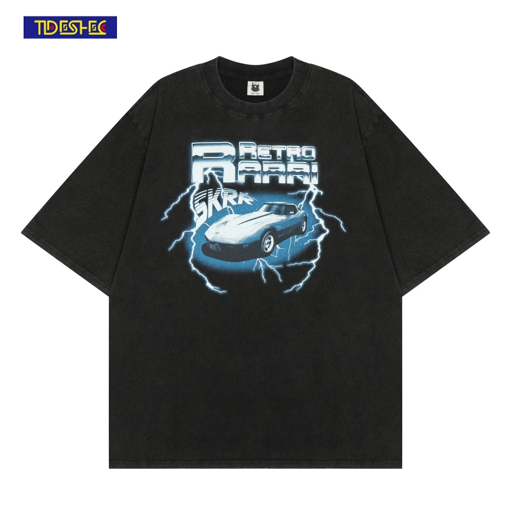 

2022 Summer Oversize Men Tshirt Hip Hop Sports Car Graphic Printed Distressed Punk Top Tee Shirt Streetwear Vintage T-Shirt Mens