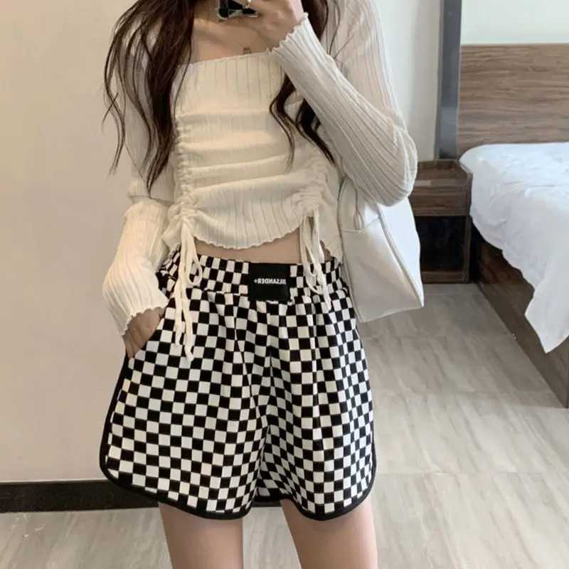 Summer New Plaid Sports Pants Ladies Elastic Waist Loose Versatile Wide Leg Shorts Casual Fashion Women Clothing