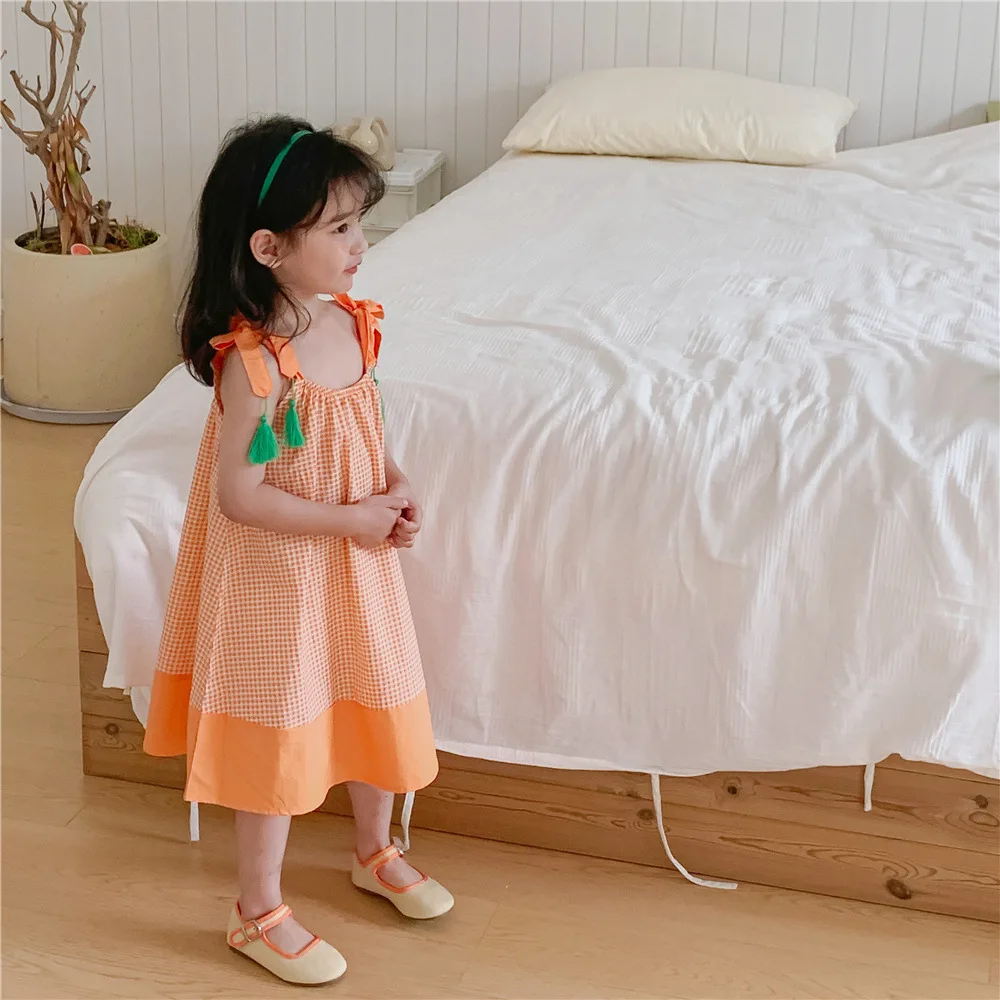 

Kids Girls Casual Dress 2022 Summer Korean Lace Up O-Neck Dresses Fashion Cute Plaid Patchwork Tassel Suspenders Frock 1-6 Years
