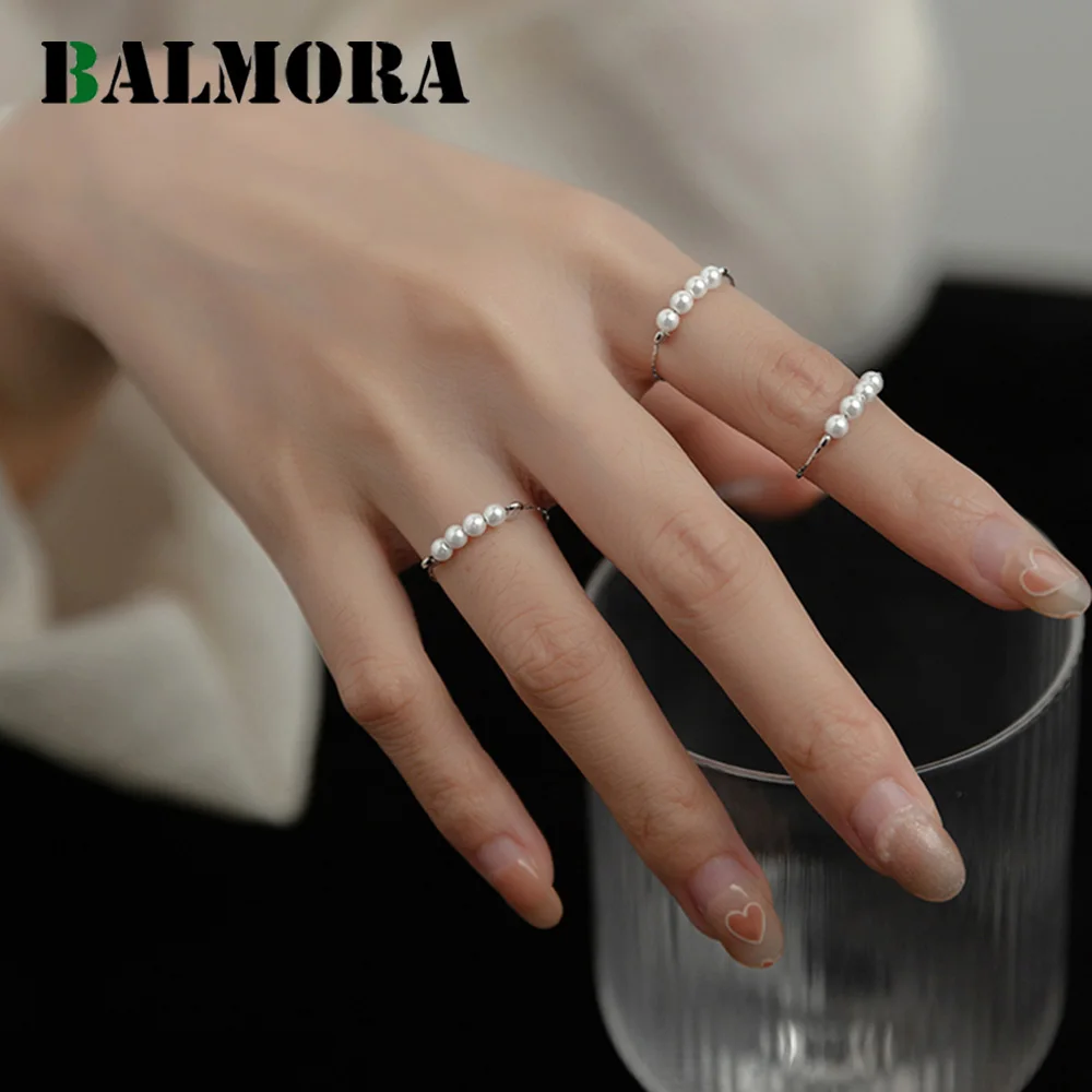 

BALMORA S925 Silver Simple Minimalist Pearl Finger Rings For Women Girl Wedding Engagement Statement Elegant Anillo Jewelry Gift