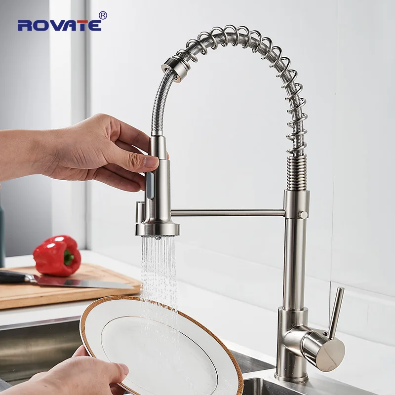 ROVATE Commercial Kitchen Faucet with Pull Down Sprayer, Single Handle Spring Kitchen Sink Faucet Brushed Nickel