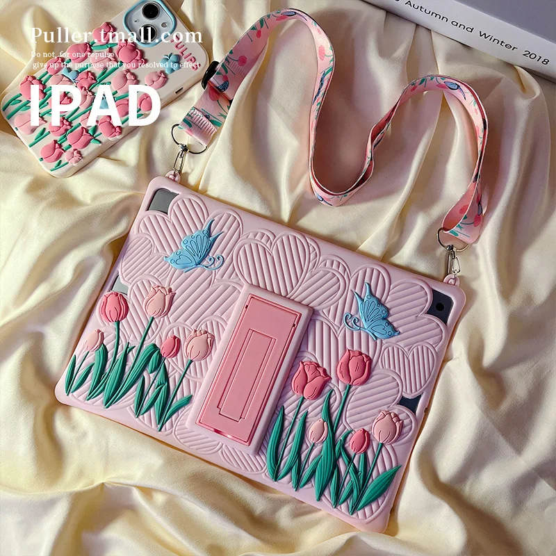 Милые детские Чехлы для планшета с 3D тюльпаном для Apple Ipad 10,2 2020 5/6 Th Air 5 4 3 Mini 6 Pro 11 дюймов 2021 чехол детский подарок со шнурком