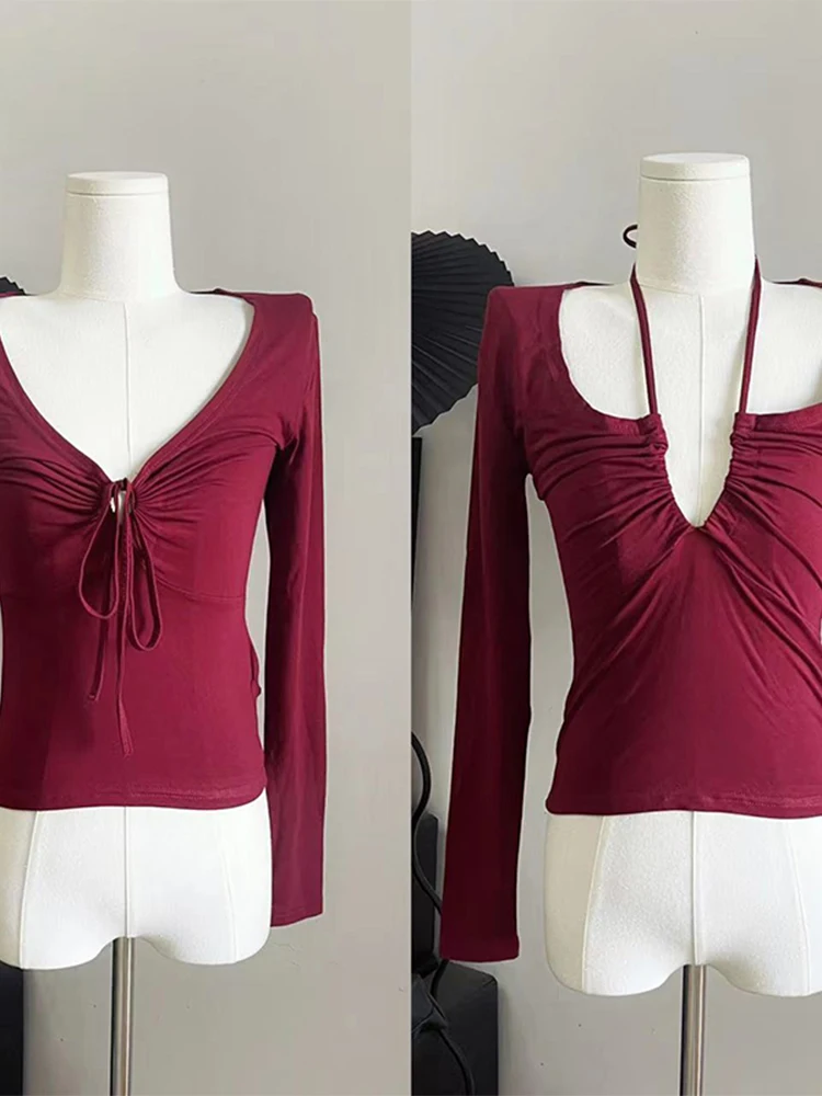 

2023 Spring Women Solid Color Tops Classic V-neck Pleated Tie Up Blouses Female Slim Long Sleeve Clothes Simple Vintage Chic