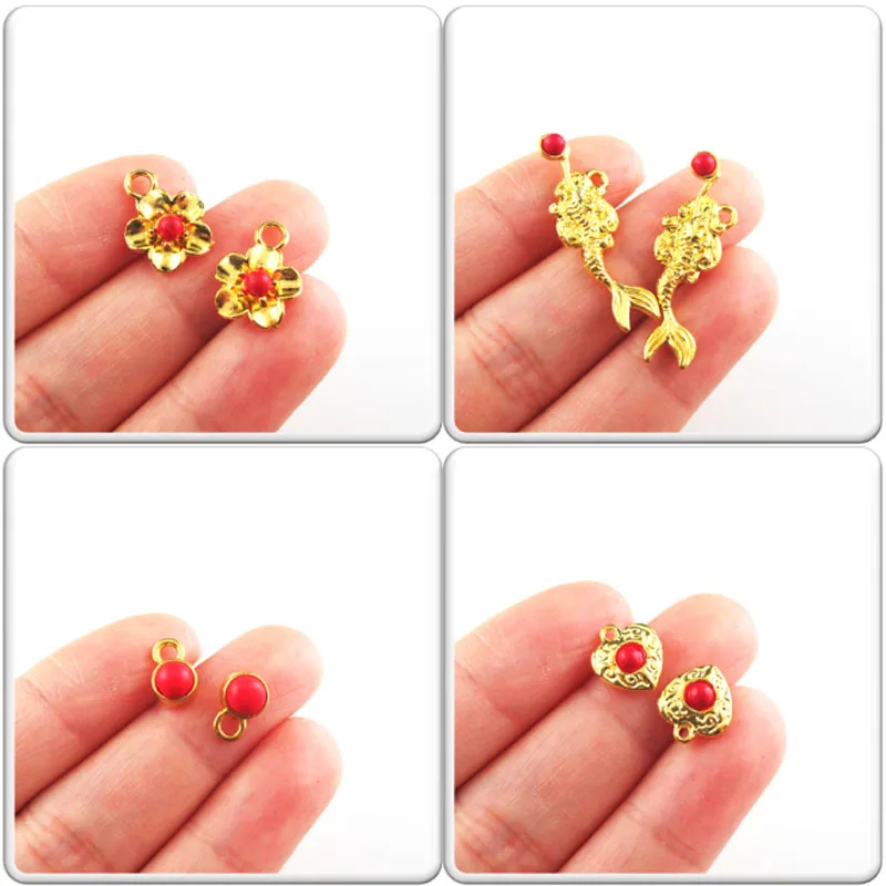 

Fashion New Red Turquoise Stone Charms Mermaid Star Flower Heart Round Gold Color Pendants Retro