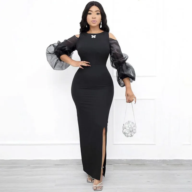 

African Dresses For Women Spring O-Neck Robes Long Sleeve 2022 New Summer Fashion Solid Slim Draped Africa Maxi Dress Vestido