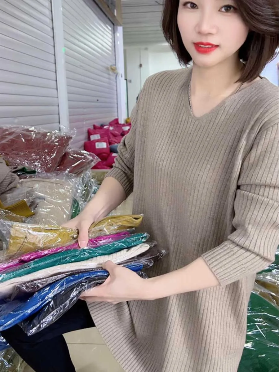  Осенне-зимний свитер с v-образным вырезом женский пуловер свободный корейский