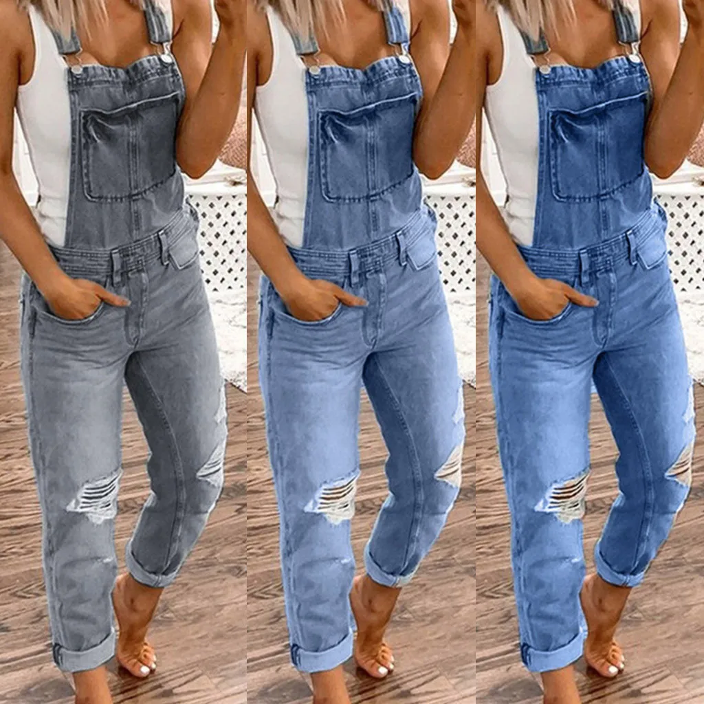 

Women's Denim Long Jumpsuit Romper Retro Blue Gray Strap Bf College High Street Lady Sleeveless Jumpsuits Clothes