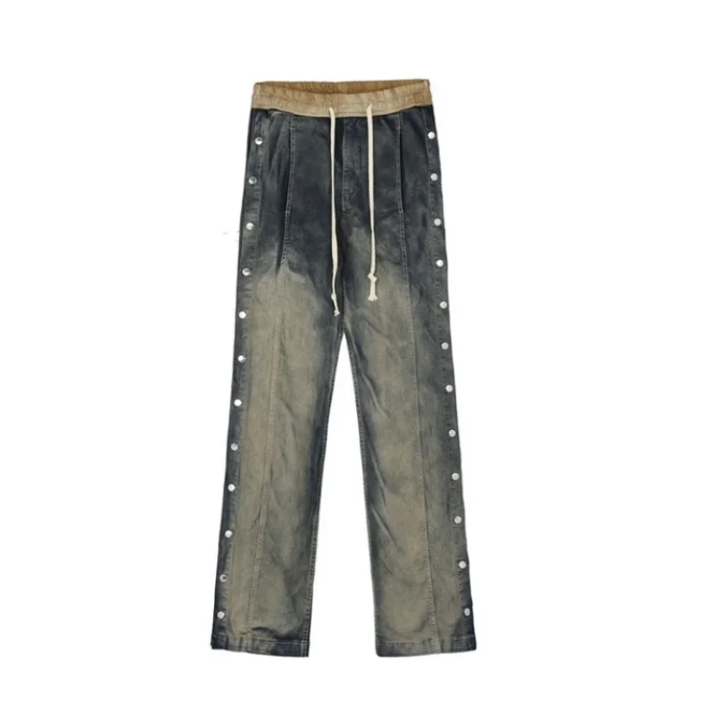 DEEPTOWN Vintage Washed Jeans Men Side Stripe Button Denim Pants Loose Streetwear Casual Trousers Male Hip Hop Fashion Spring