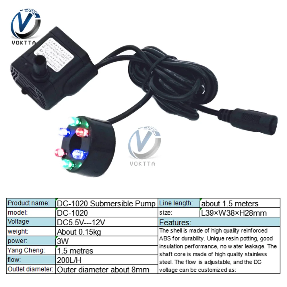 DC5.5-12V 3W With 6 Perforated Waterproof LED Lights Colorful Light Submersible Water Pump Aquarium Fountain Air Fish Pond Tank