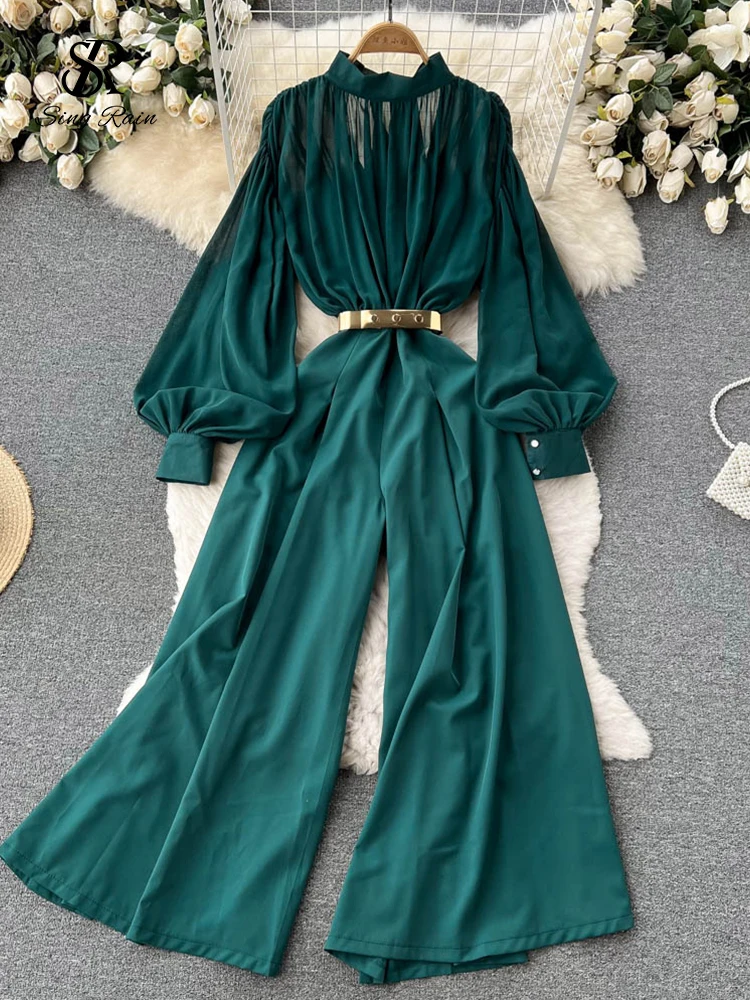 

SINGREINY 2022 Spring Rompers Women Casual Loose Long Sleeve Jumpsuits Female Wide leg Pleated overalls buzos mujer