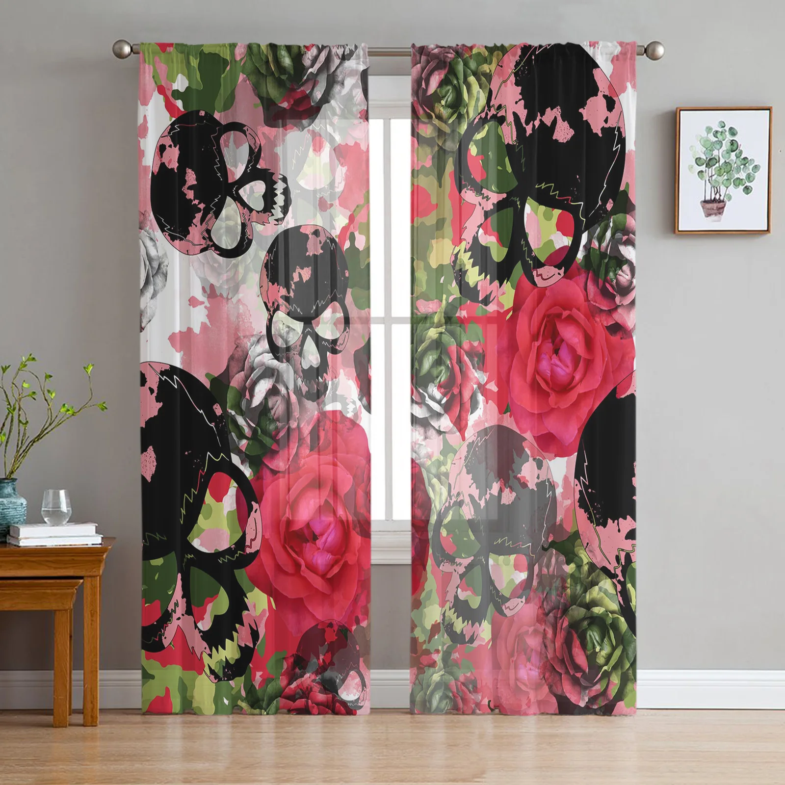 

Skull Flower Watercolor Painting Modern Tulle Curtains For Living Room Sheer Curtain Bedroom Voile Decorative Window Treatments