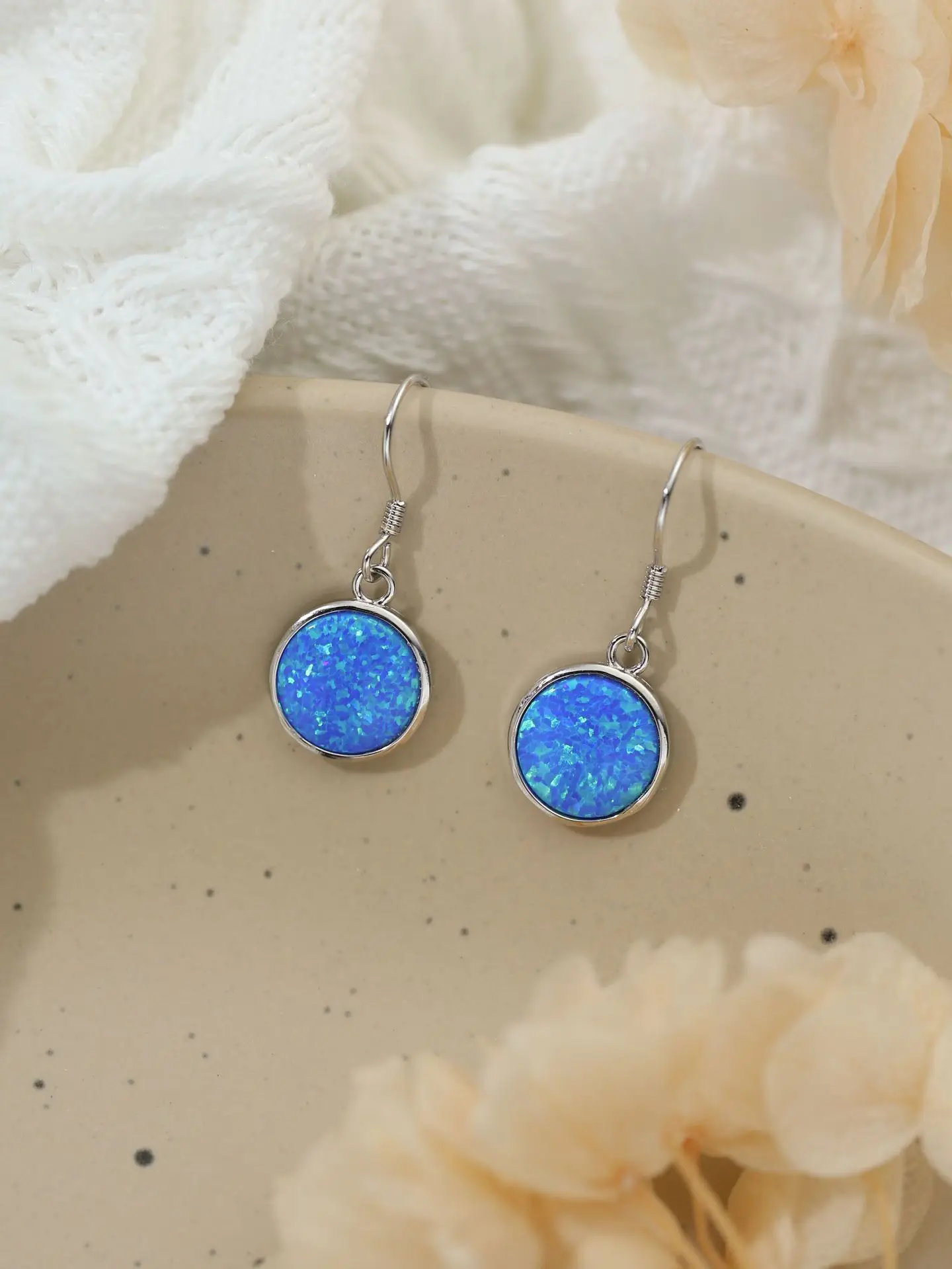 

New Blue Round Opal Earhook Simple Fashion Versatile Earrings S925 Silver Earrings