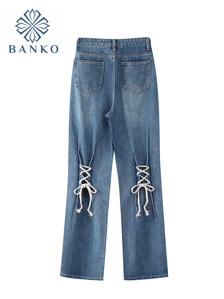 

Woman Jeans High Waist Clothes Wide Leg Pants Denim Trousers Lace Up Washed Blue Streetwear 2021 Fashion Harajuku Autumn Pants