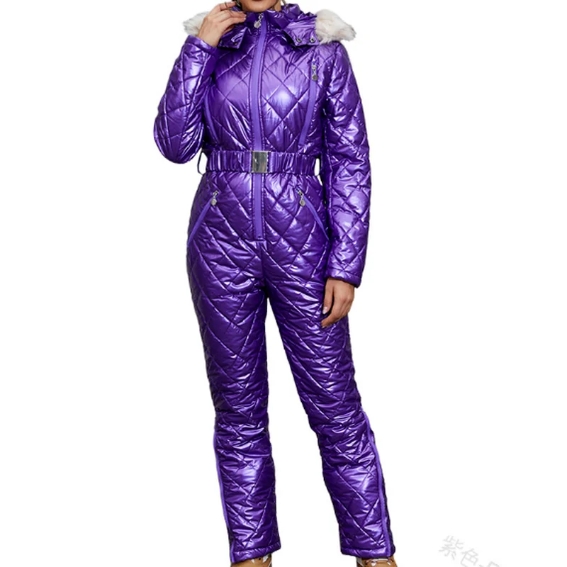Women Onesie Skiing Jackets Parka One Piece Ski Suit Winter Outerwear Fur Collar Trim Hooded Snowsuit Long Sleeve Ski Jumpsuit