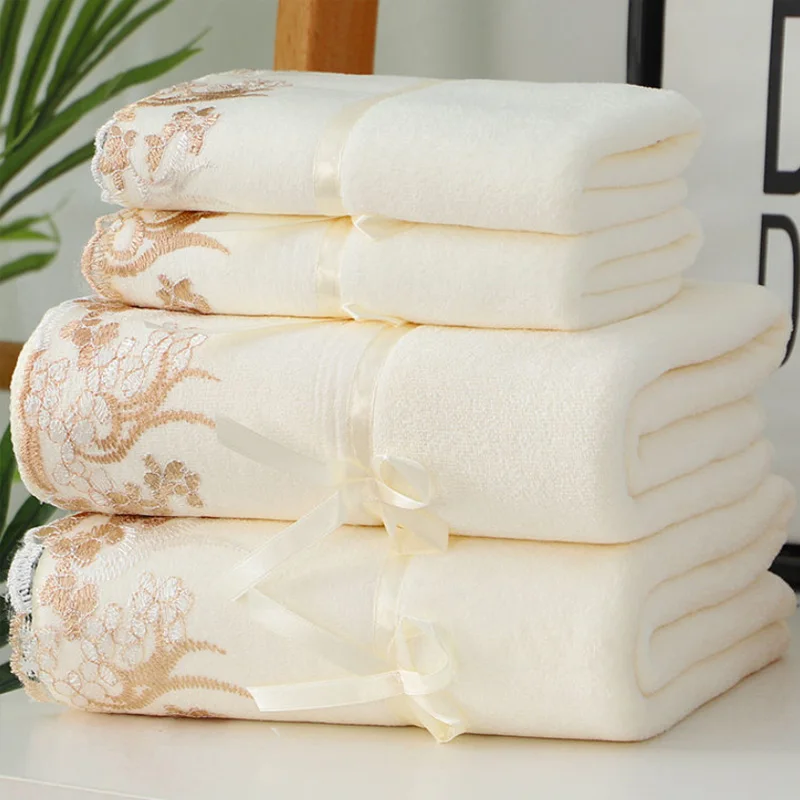 Set Luxury Lace Embroidered Bath Towel Gift Set Face Towel Bath Towel Quick Dry Terry Towels Bathroom1/3pcs Set