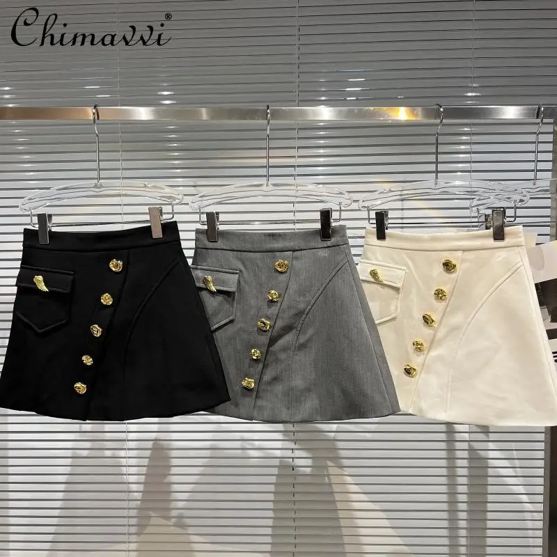 

2022 Spring Clothes New Fashion Beveled Metal Buckle Workplace Elegant A- Line Skirt High Waist Slimming and Short Skirt Women