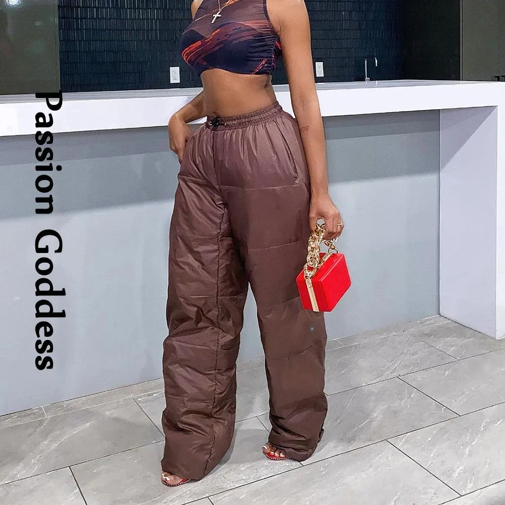 

Winter Women Warm Cotton Padded Bubble Pants Bandage Drawstring High Waist Pockets Loose Baggy Pants Street Cool Puffer Trousers