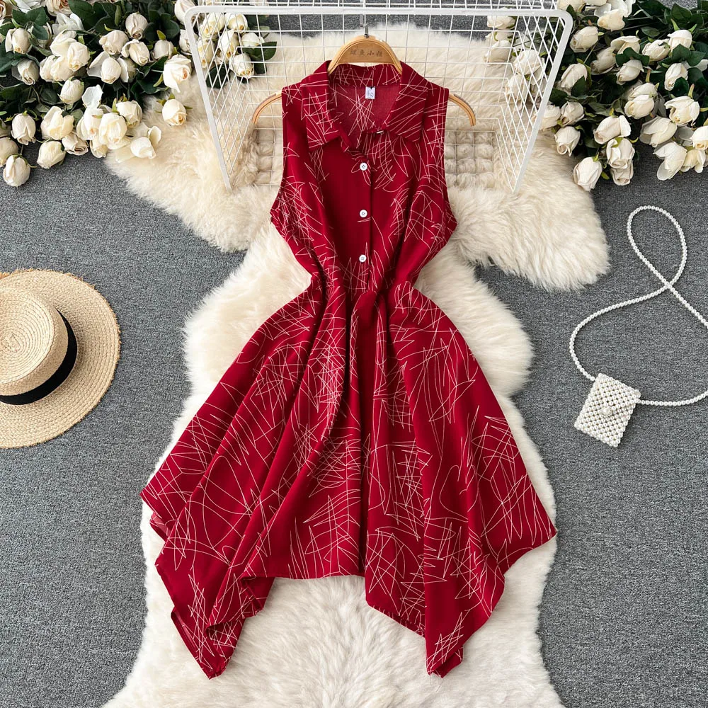 

Women Chic Sleeveless Dress 2022 Summer Lapel Single-breasted Slim New Fashion Print Casual Korean Clothes Vestidos G397