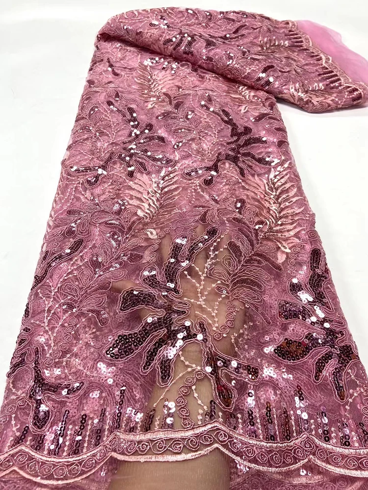 

Luxury Pink African Lace Fabric 2023 High Quality 5Yard Nigerian 3D Flowers Sequins French Tulle Fabric Material for Women Dress