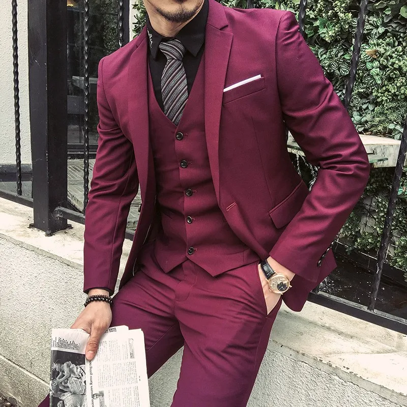 2022 Tailored Burgundy Purple Suit Men Groom Slim Fit 3 Piece Tuxedo Prom Wedding Suits Blazer Terno Masuclino Jacket+Pant+Vest