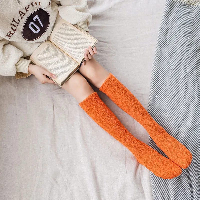 Женские носки до колена из кораллового флиса Зимние теплые плюшевые для девочек