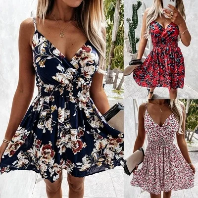 

sexy spaghetti strap Floral print beach mini dress women 2023 summer casual Elastic waist dresses for women robe femme