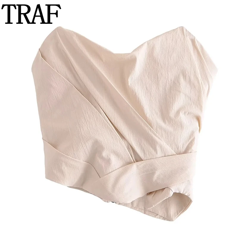 

TRAF Pink Ruched Crop Top Women Asymmetric Corset Top Female Off Shoulder Tube Tops for Women 2023 Summer Backless Tops Woman