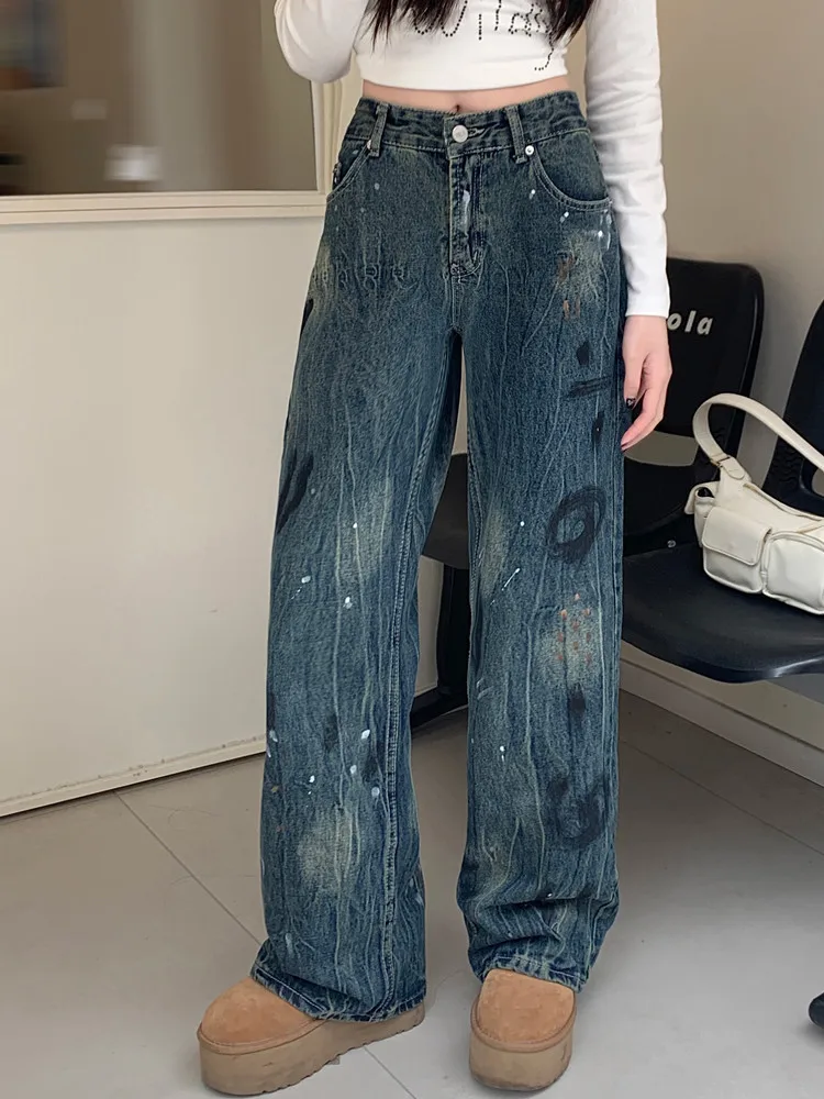 2024 Trashy Y2K Feminino Inkjet граффити мешковатые новые джинсовые брюки для женщин в стиле