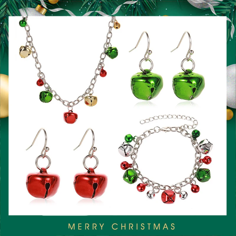 

New Christmas Jewelry Women's Bell Earrings Necklace Bracelet Set Christmas Party Jewelry for Friends Childs Wholesale