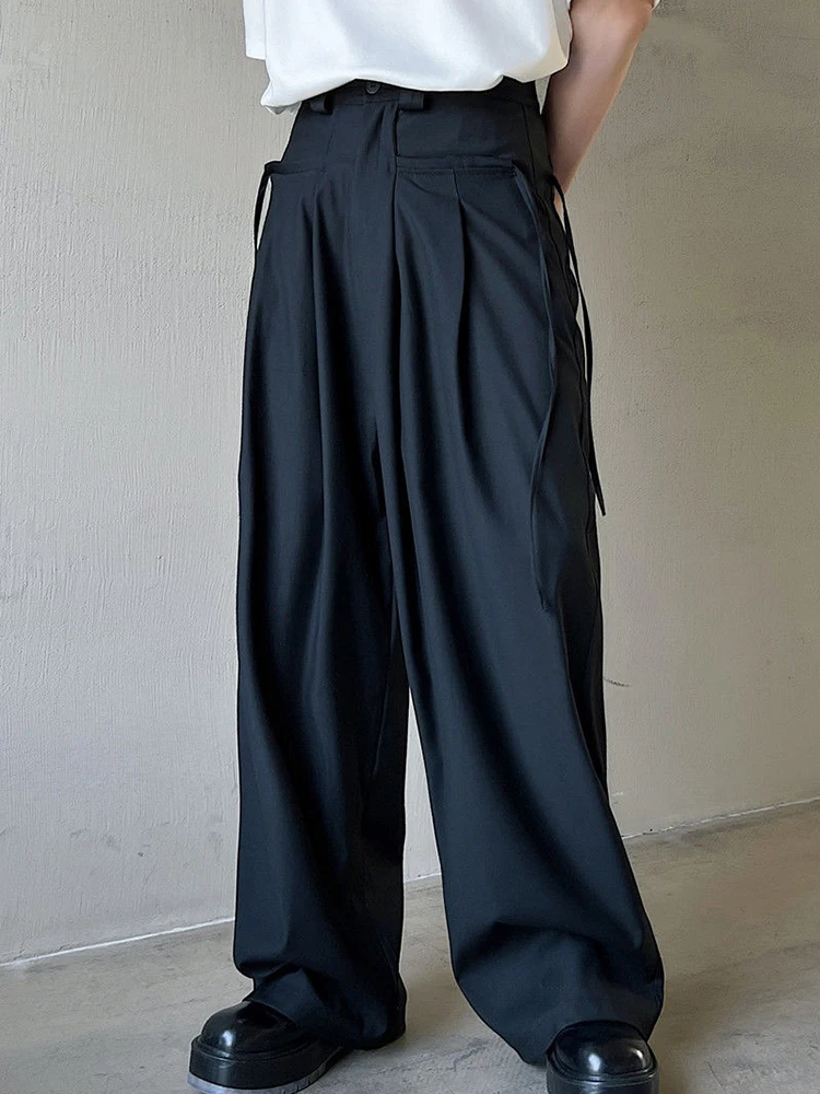 

2022 Summer Men's Pants Solid Color Lace Up Decoration Wide Leg Casual New Fashion Male Trousers Temperament T3256