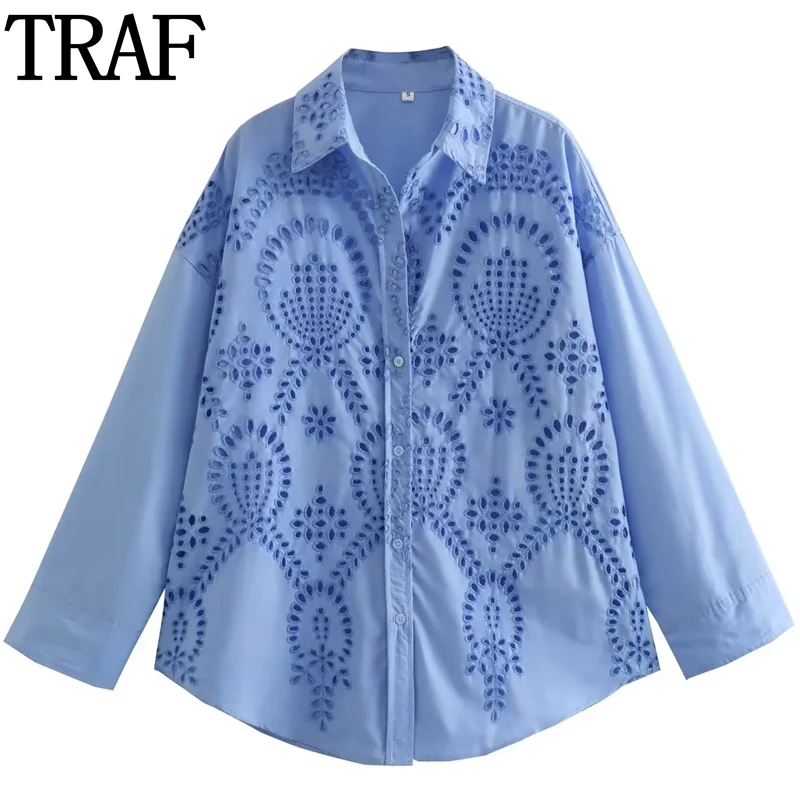 

TRAF Blue Shirts For Women Cut Out Embroidery Loose Blouses Woman 2023 Streetwear Long Sleeve Button Up Womens Tops And Blouses