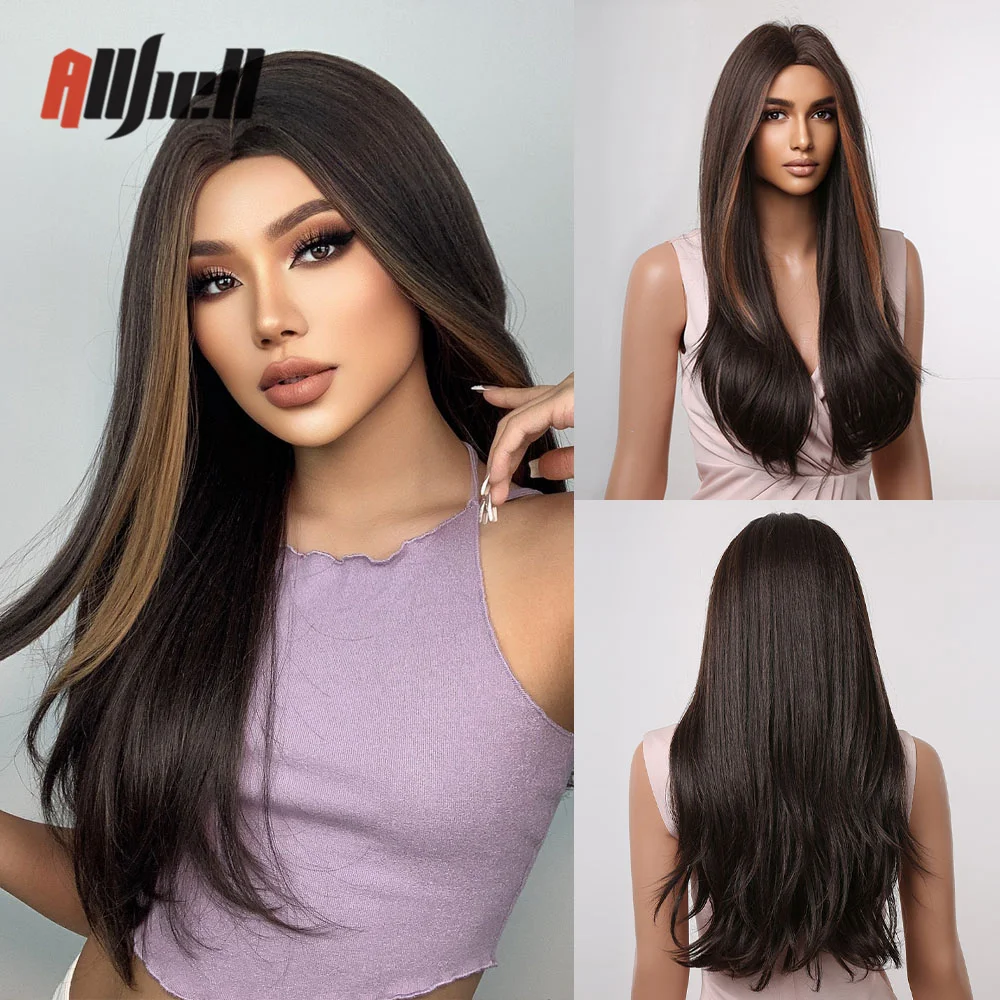 

Long Straight Dark Brown Hair Wigs for Black Women Highlight Natural Synthetic Wigs Heat Resistant Middle Part Cosplay Daily Wig